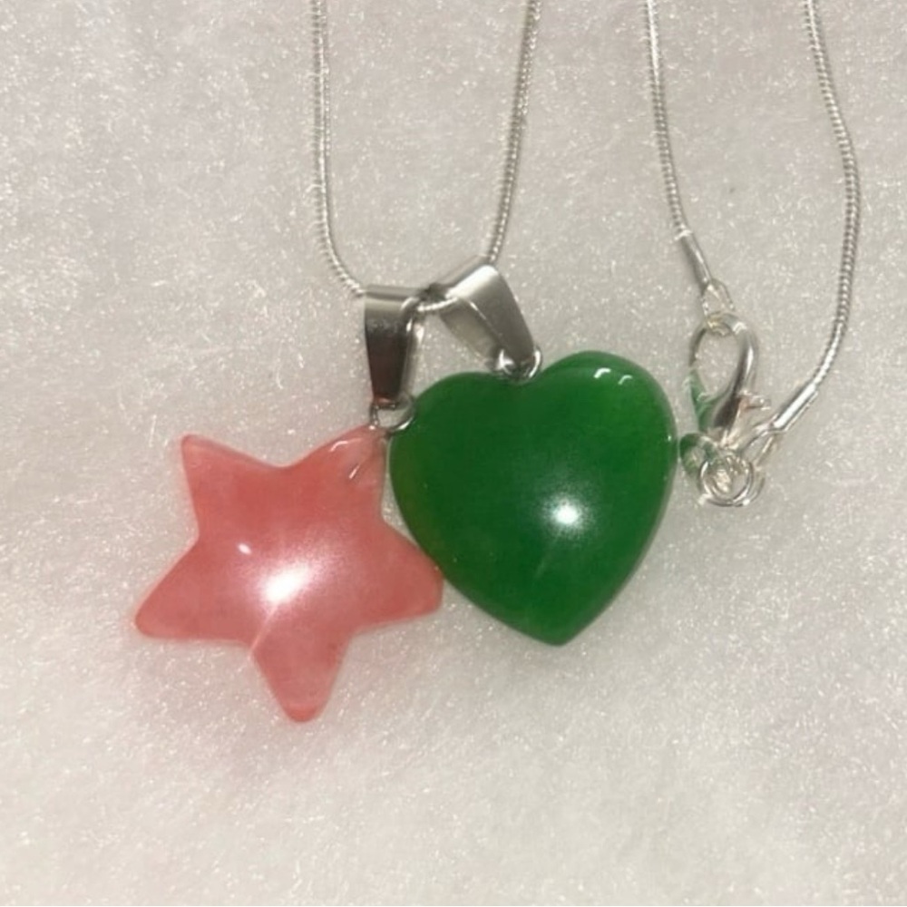 Boho hippie Jade heart and Cherry Quartz Star Sterling Silver Ne…